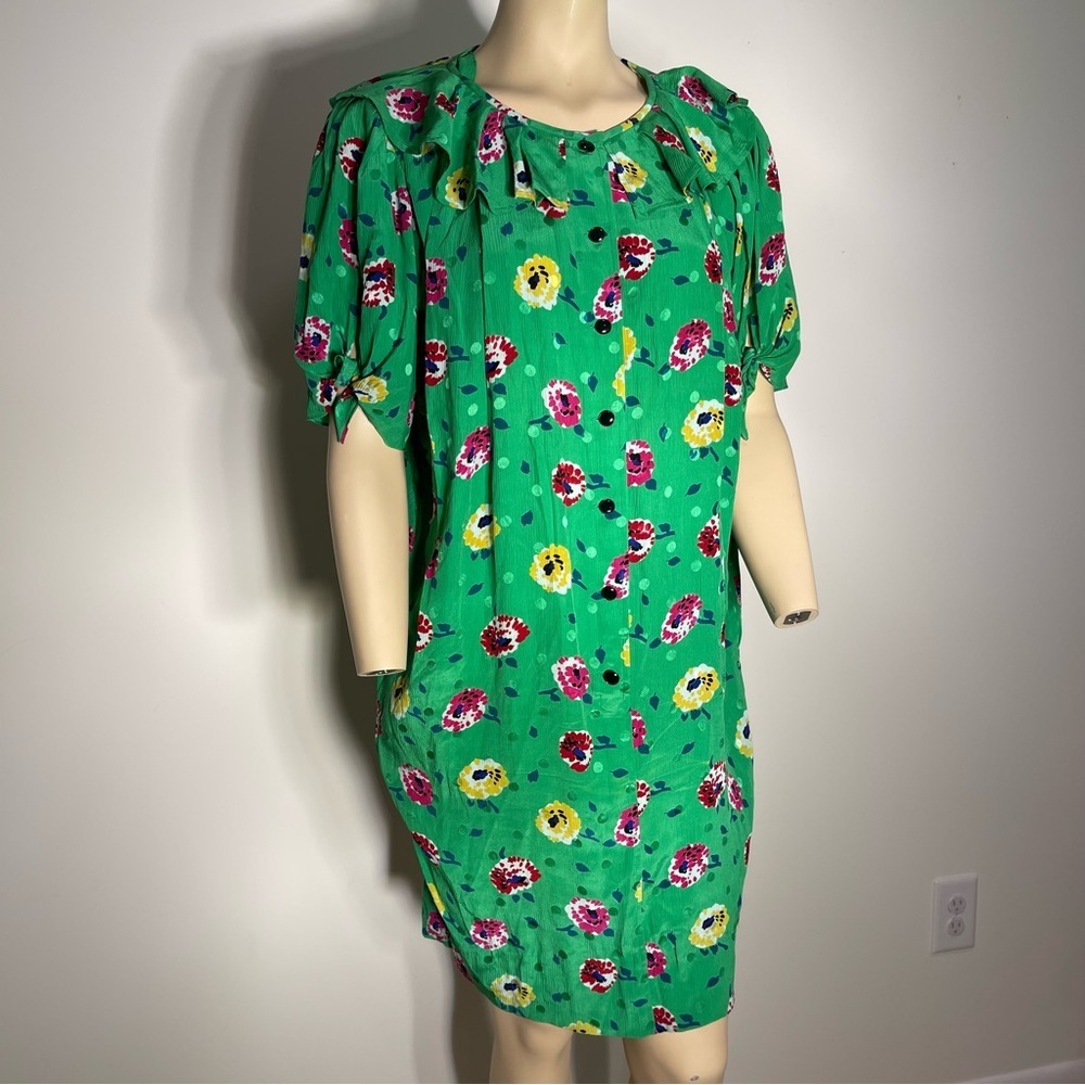 Vintage 80s Emanuel Ungaro green silk polka dot/floral day dress‎ Women’s Size 4